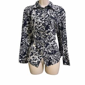 Chaps Black and White Floral Button-Up Blouse
